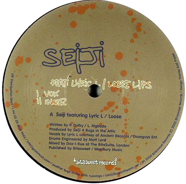 Image of Front Cover of 12" - /VG - SEIJI FEAT. LYRIC L, Loose Lips (Vocal / Instrumental) / 3Dom (Bitasweet; BS1215, UK 2002, Plain Sleeve), A few marks but only hairlines, plays well,  - 3326015E