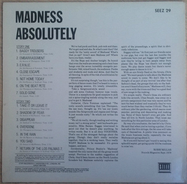 Image of Back Cover of LP - VG/VG - MADNESS, Absolutely (Stiff Records; SEEZ 29, UK 1980, Inner, 'Made In Germany' Runout, No 'Made In England' Bottom Of Labels), Light marks, edge wear,  - 4146178S