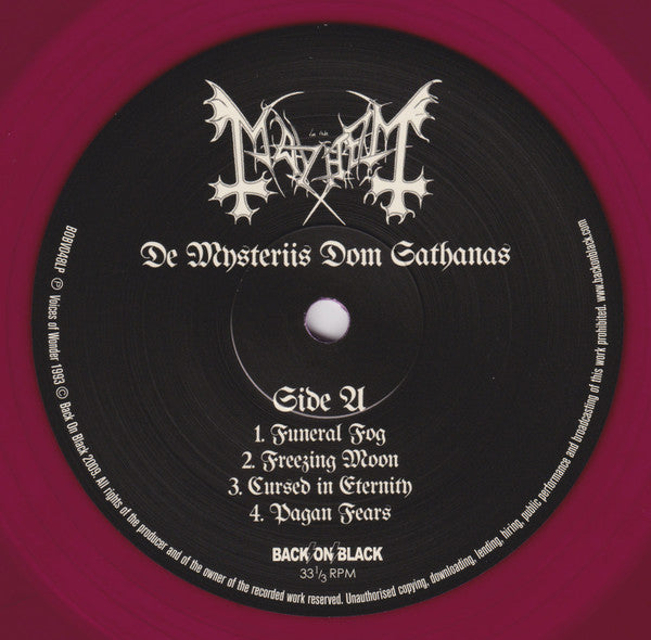 Image of Label Cover of 0934161E: LP - MAYHEM, De Mysteriis Dom Sathanas (Back On Black; BOBV048LP, UK 2020 Reissue, Gatefold, Purple Transparent Vinyl)   NEW/NEW