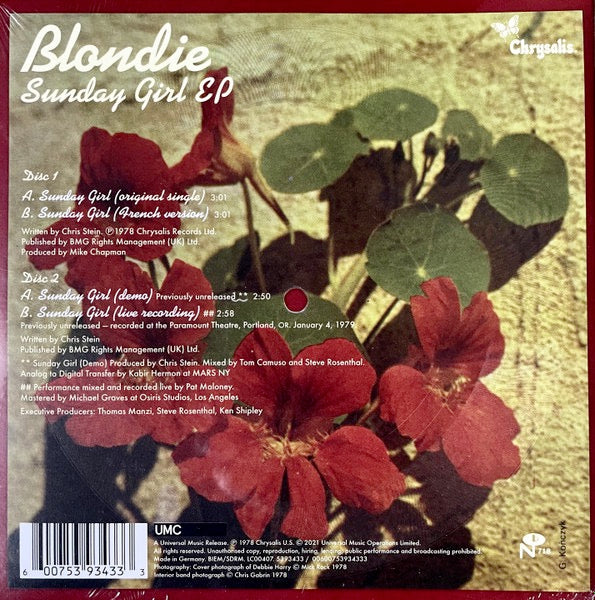 Image of Back Cover of 2x7" - VG+/VG+ - BLONDIE, Sunday Girl (UMC; 5393433, Europe 2022 Reissue, Gatefold, 2 Inners, Red & Yellow Vinyl RSD Limited Edition), ,  - 3356046S