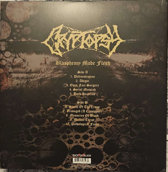 Image of Back Cover of 1934066E: LP - CRYPTOPSY, Blasphemy Made Flesh (Back On Black; BOBV1087LPLTD, UK 2023 Reissue, Gatefold, Clear Vinyl)   NEW/NEW