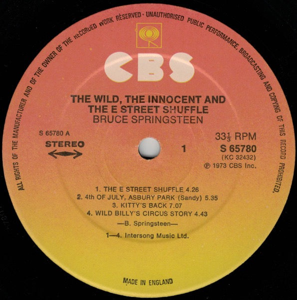 Image of Label Cover of LP - VG/VG - BRUCE SPRINGSTEEN, The Wild, The Innocent & The E Street Shuffle (CBS Orange/Yellow; S 65780, UK 1970s Reissue, 2nd UK Press.), ,  - 4326366E