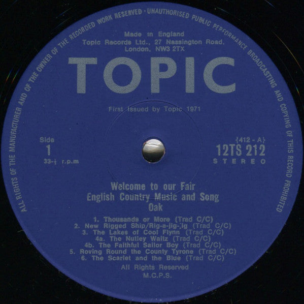 Image of Label Cover of LP - VG/EX - OAK, Welcome To Our Fair (Topic Records; 12TS212, UK 1971), ,  - 1526185E