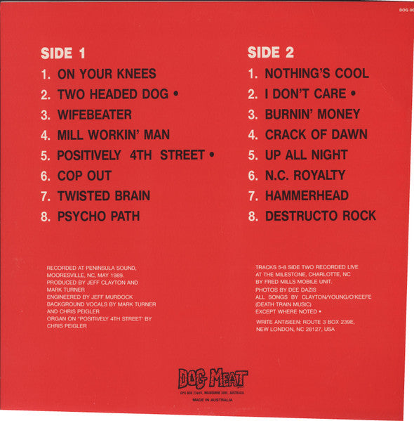 Image of Back Cover of 0944214S: LP - ANTISEEN, Noise For The Sake Of Noise (Dog Meat; DOG 001, Australia 1989) Cut-out (Hole punched)  VG/VG+