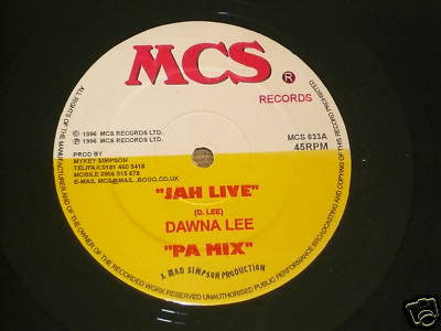 Image of Front Cover of 0924260E: 12" - DAWNA LEE, Jah Live / This Place (MCS Records; MCS033, UK 1996, Company Sleeve) Stock copy.  VG+/VG+