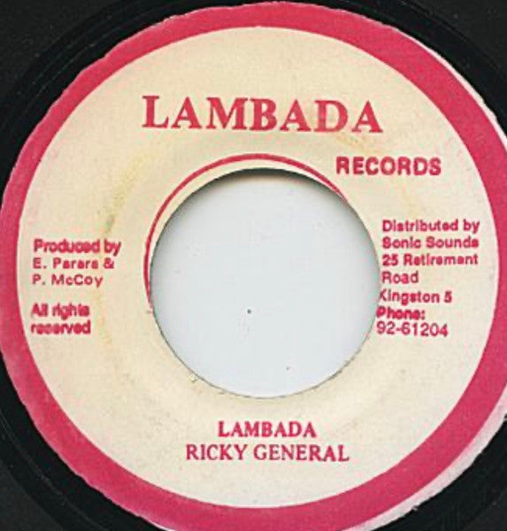 Image of Front Cover of 0914319C: 7" - RICKY GENERAL, Lambada (Lambada Records; , Jamaica 1991) Shiny, a few sleeve and storage marks, light crackle in places. Clean labels.  /VG