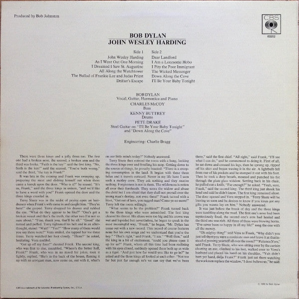 Image of Back Cover of 2914299C: LP - BOB DYLAN, John Wesley Harding (CBS; SBPG 63252, UK 1972) Some light marks on side 2, Sleeve is clean  VG+/VG