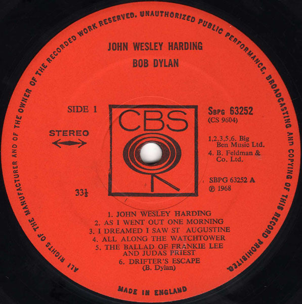 Image of Label Cover of 2914299C: LP - BOB DYLAN, John Wesley Harding (CBS; SBPG 63252, UK 1972) Some light marks on side 2, Sleeve is clean  VG+/VG