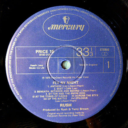 Image of Label Cover of LP - VG/VG - RUSH, Fly By Night (Mercury; PRICE 19, UK 1983 Reissue, Company Inner, Priceless), Edge wear. Light unfeelable marks on disc.,  - 3646058S