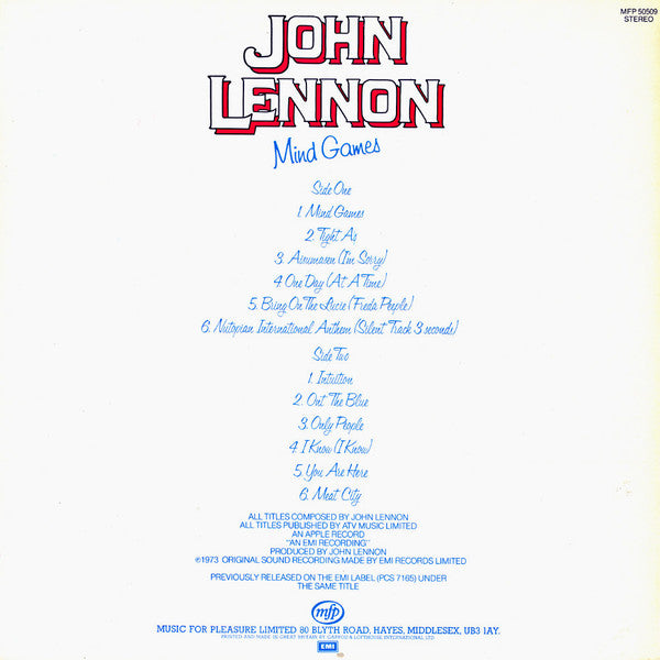 Image of Back Cover of LP - VG/VG+ - JOHN LENNON, Mind Games (Music For Pleasure; MFP 50509, UK 1980 Reissue, Company Inner), Name Written in Black Marker on Rear Sleeve,  - 2626120E
