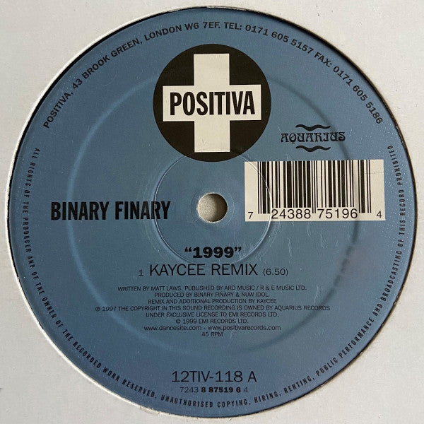 Image of Label Cover of 4624176E: 12" - BINARY FINARY, 1999 (Positiva; 12TIV-118, UK 1999, Titled Company Sleeve) sleeve creased  on back and mark on front from an old price sticker.  VG/VG