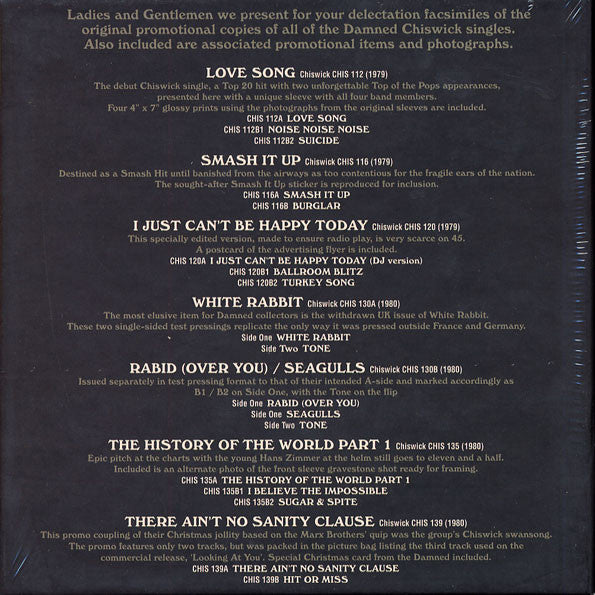 Image of Back Cover of 0924365E: 8x7" - THE DAMNED, Chiswick Singles (Chiswick Records ; LTDBOX 016, UK 2013, Box Set, Christmas Card, Round And Square Postcards, 5 Photographs)   VG+/EX