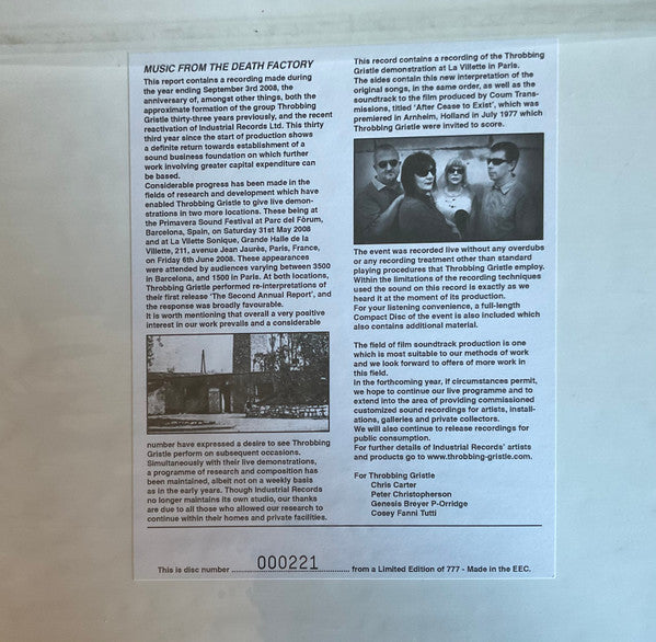 Image of Back Cover of 1924100E: LP - THROBBING GRISTLE, Thirty-Second Annual Report (Industrial Records; IR2008/2, UK, Europe & US 2008, Stickered Plain Sleeve, Limited edition of 777. Includes Black CD, No Frame) Looks Unplayed, Limited Edition No 000174  EX/EX