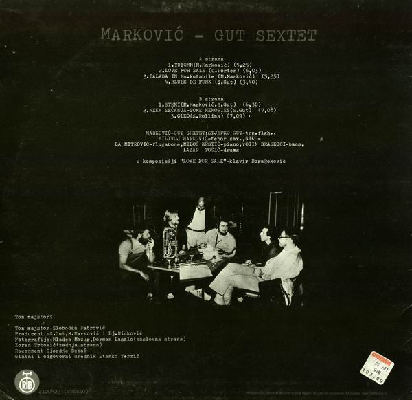 Image of Back Cover of 1044071S: LP - MARKOVI -GUT SEXTET, Markovi -Gut Sextet (PGP RTB; 2120429, Yugoslavia 1980) Worn sleeve, sticker damage.  G+/VG+