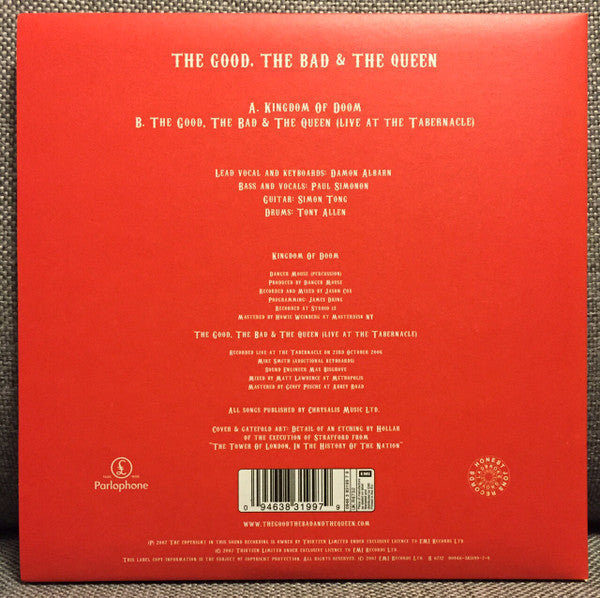 Image of Back Cover of 3624059E: 2x7" - THE GOOD, THE BAD & THE QUEEN, Kingdom Of Doom (Parlophone; R 6732, UK 2007, Gatefold, Stickered Sleeve, Single 1 And Single 2 In Individual Sleeves Inside Gatefold, Single 2 Is Red Vinyl) Stickered Sleeves  EX/EX