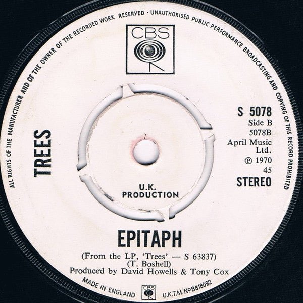 Image of Label of 1024069E: 7" - TREES, Nothing Special / Epitaph (CBS ; S 5078, UK 1970, A Label Demo, Company Sleeve) Sleeve Discoloured And Creased  VG/EX