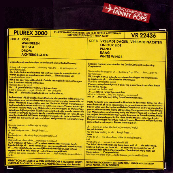 Image of Back Cover of 1044086S: LP - MINNY POPS, Poste Restante (Plurex Records; PLUREX 3000, Netherlands 1983)   VG/VG+