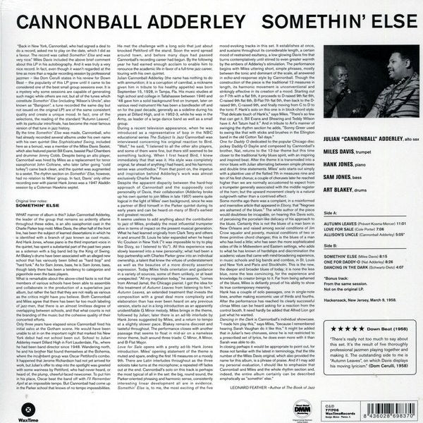 Image of Back Cover of 4054083S: LP - CANNONBALL ADDERLEY, Somethin' Else (WaxTime; 771706, Europe 2011 Reissue)   NEW/NEW