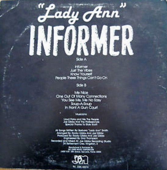 Image of Back Cover of 1014380C: LP - LADY ANN, Informer (Joe Gibbs Music; JGML-60074, US 1983) Pressing imperfections, light marks, slight crackle in places, noticeable on B1. Clean labels. Sleeve is water damaged on front and back right area; front sleeve looks really nice, back has ripped areas.  G+/VG