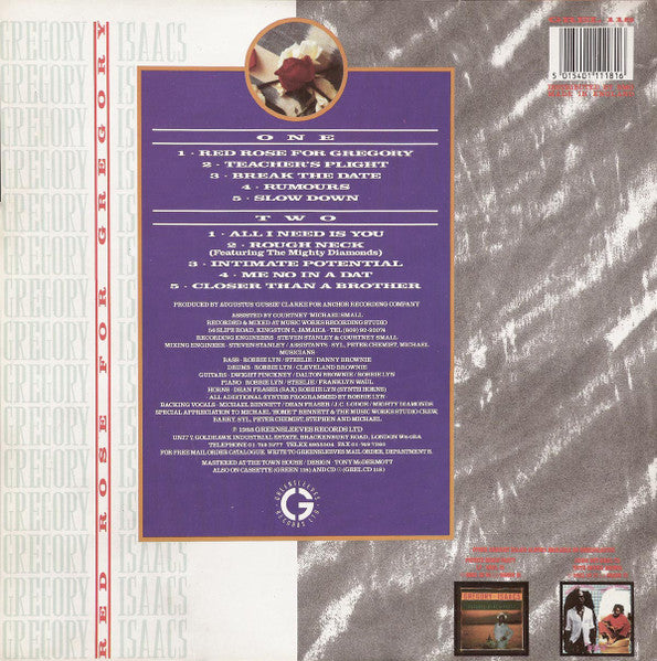Image of Back Cover of LP - VG+/VG+ - GREGORY ISAACS, Red Rose For Gregory (Greensleeves Records; GREL 118, UK 1988), ,  - 3726216E