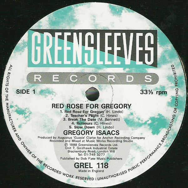 Image of Label Cover of LP - VG+/VG+ - GREGORY ISAACS, Red Rose For Gregory (Greensleeves Records; GREL 118, UK 1988), ,  - 3726216E