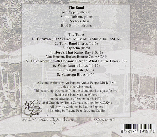 Image of Back Cover of 1034196E: CD - ART PEPPER, Unreleased Art Vol. VIII Live At The Winery (Widow's Taste; APM 13001, US 2013, Jewel Case, Booklet)   VG+/VG+