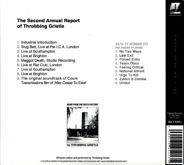 Image of Back Cover of 2xCD - VG+/VG+ - THROBBING GRISTLE, The Second Annual Report Of Throbbing Gristle (Industrial Records; IRLCD001, UK 2011 Reissue, Triple Gatefold Card Sleeve), ,  - 3216182C