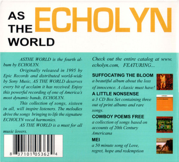 Image of Back Cover of 1054197S: CD - ECHOLYN, As The World (Velveteen Records; VR 00011, US 2005)   VG+/VG+