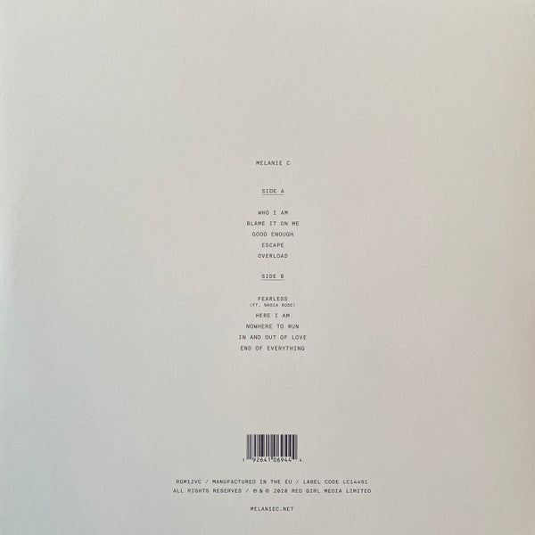 Image of Back Cover of 1144063S: LP - MELANIE C, Melanie C (Red Girl Media Ltd.; RGM12VC, Europe 2020, Insert, Blue Vinyl)   EX/EX