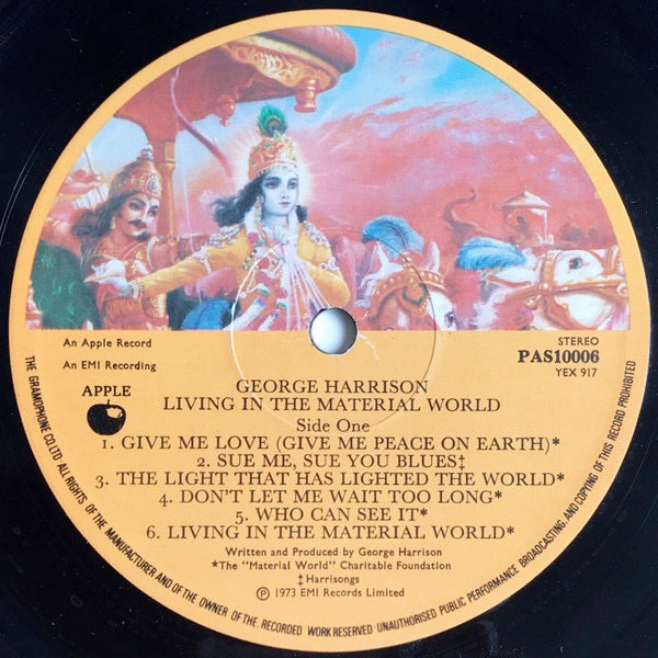 Image of Label Cover of LP - VG/G+ - GEORGE HARRISON, Living In The Material World (Apple; PAS10006, UK 1973, Laminated Gatefold Sleeve, Brown Inner & Insert), Several marks on the disc ,  - 4326160E