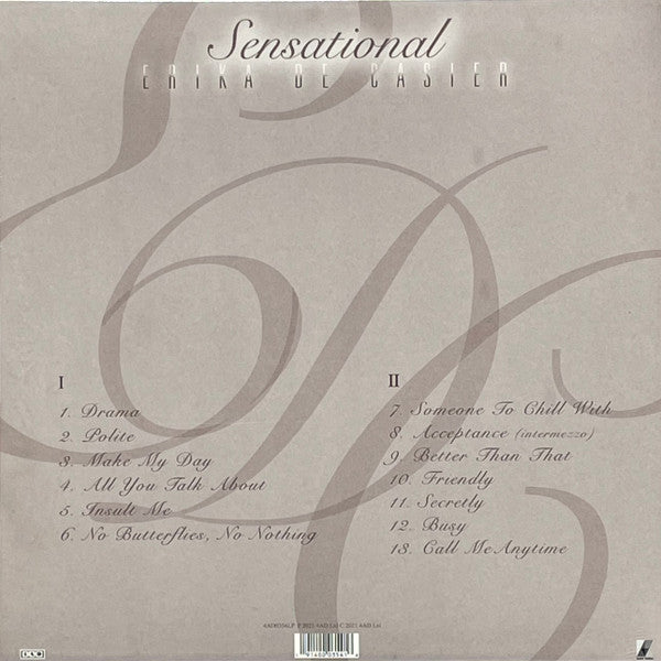 Image of Back Cover of 1124092E: LP - ERIKA DE CASIER, Sensational (4AD; 4AD0354LP,  2021, Inner, Clear Vinyl) Still In Stickered Shrinkwrap  VG+/VG+