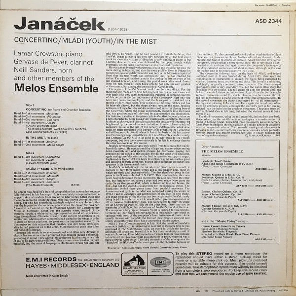 Image of Back Cover of 1024289E: LP - THE MELOS ENSEMBLE WITH LAMAR CROWSON, Janacek: Concertino For Piano, String Quartet And Wind / In The Mist / Youth (Ml d ) (HMV Red, Semi-Circular Nipper Box; ASD 2344, UK 1968, Laminated Flipback Sleeve)   VG/VG+