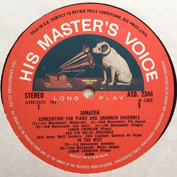 Image of Label Cover of 1024289E: LP - THE MELOS ENSEMBLE WITH LAMAR CROWSON, Janacek: Concertino For Piano, String Quartet And Wind / In The Mist / Youth (Ml d ) (HMV Red, Semi-Circular Nipper Box; ASD 2344, UK 1968, Laminated Flipback Sleeve)   VG/VG+