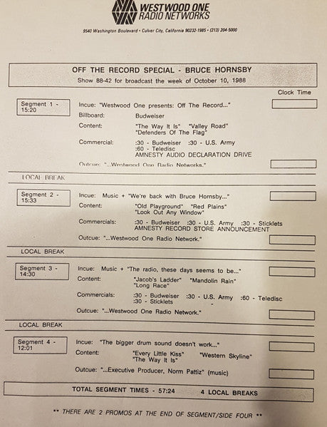 Image of Back Cover of 1124191E: 2xLP - MARY TURNER (4), BRUCE HORNSBY AND THE RANGE, Off The Record Specials With Mary Turner (Westwood One; W 88-42, US 1988, Radio show with 12 Bruce Hornsby tracks over 2 discs interspered with talk and adverts)   VG/VG+