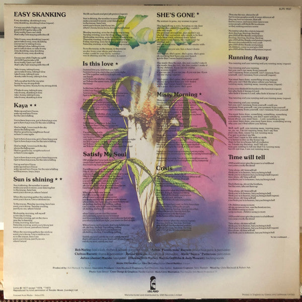Image of Back Cover of 2715498C: LP - BOB MARLEY AND THE WAILERS, Kaya (Island Records; ILPS 9517, UK 1978, Company Inner, No "EMI" on labels.)   VG/VG