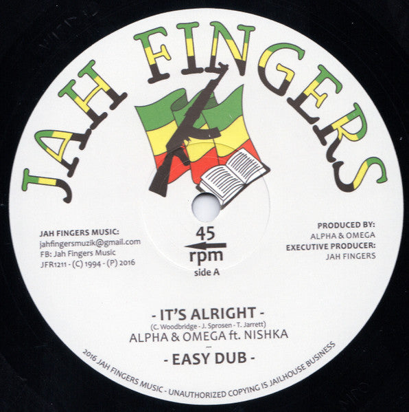 Image of Front Cover of 12" - /VG+ - ALPHA & OMEGA FT. NISHKA, It's Alright (Jah Fingers Music; JFR1211, UK 2016), ,  - 3246047S