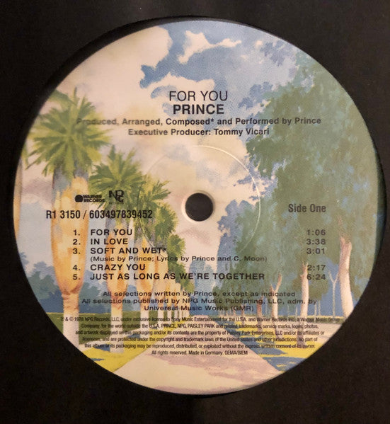 Image of Label Cover of LP - VG+/VG+ - PRINCE, For You (Warner Records; R1 3150, Europe 2023 Reissue, Inner), Still In Opened Shrinkwrap with sticker. Disc has a couple of light hairlines from storage but otherwise looks barely played,  - 2626048E