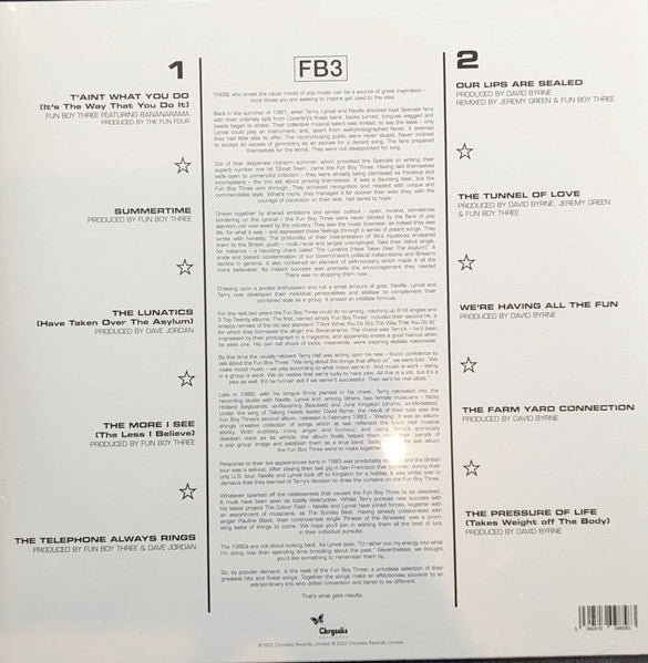 Image of Back Cover of 4824284E: LP - FUN BOY THREE, The Best Of Fun Boy Three (Chrysalis Catalogue; CRV1462, Europe 2022 Reissue, Inner, Green Vinyl, Record Store Day 2022 Release) Opened Instore, Still In Stickered Shrinkwrap  EX/EX