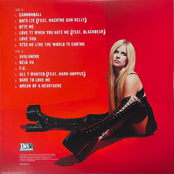 Image of Back Cover of 1144316S: LP - AVRIL LAVIGNE, Love Sux (DTA Records; 075678637568, US 2022, Inner, Stickered Outer Plastic Sleeve, Orange Vinyl) Cover still in shrink with hype sticker. Pristine copy.  EX/VG+