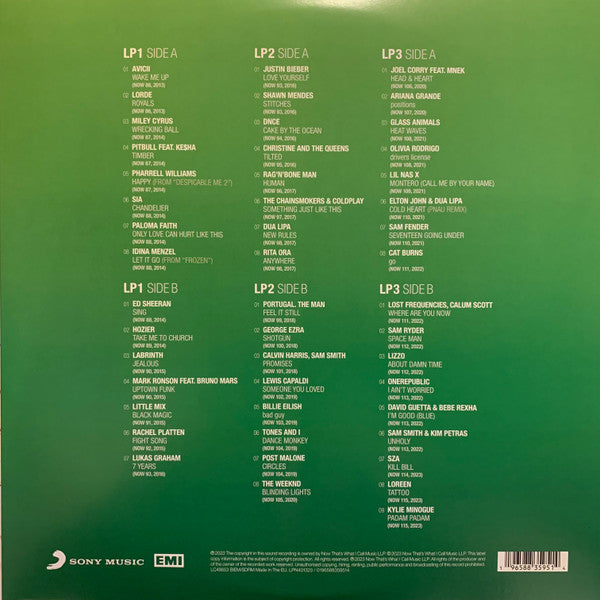 Image of Back Cover of 1144130S: 3xLP - VARIOUS, Now That's What I Call 40 Years: Volume 4 2013-2023 (Sony Music; LPN401323, UK 2023, Triple Gatefold, Green Vinyl) Opened Instore, Still In Shrinkwrap  VG+/EX