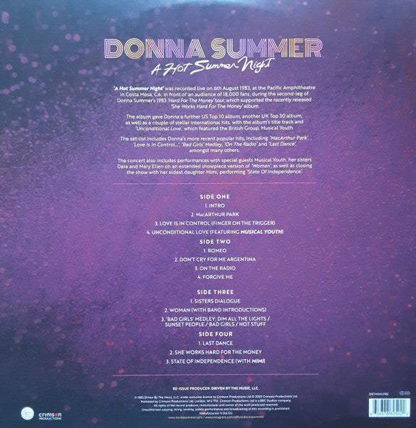 Image of Back Cover of 1814502C: 2xLP - DONNA SUMMER, A Hot Summer Night (Crimson; DBTMSNLP83, UK 2020, 2 Inners, Remastered, Purple Translucent, 180g)   VG+/VG+