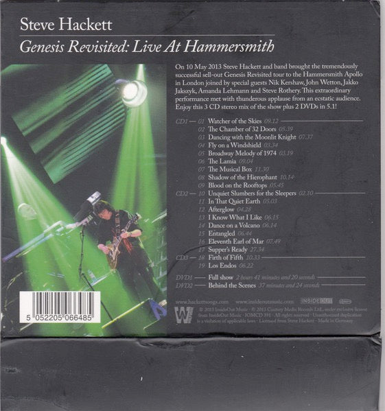 Image of Back Cover of CD - VG+/VG+ - STEVE HACKETT, Genesis Revisited: Live At Hammersmith (Inside Out Music; IOMCD 391, Europe 2013, Quintuple Digipak in Slipcase, 3 CDs and 2 DVDs), ,  - 4136038E