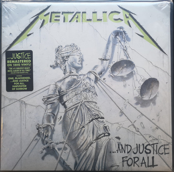 Image of Front Cover of 2xLP - NEW/NEW - METALLICA, ...And Justice For All (Blackened Recordings; BLCKND007R-1, Europe 2018, Insert, Download Code), , Fourth studio album by the American heavy metal band. Originally released in 1988, the album features aggressive complexity, fast tempos, and few verse-chorus structures, with an oft-criticised dry and bass-light mix. The lyrical themes of political and legal injustice project through the prisms of censorship, war, and nuclear brinkmanship. - 3636083E