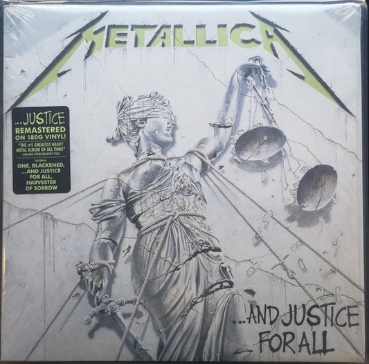 Image of Front Cover of 2xLP - NEW/NEW - METALLICA, ...And Justice For All (Blackened Recordings; BLCKND007R-1, Europe 2018, Insert, Download Code), , Fourth studio album by the American heavy metal band. Originally released in 1988, the album features aggressive complexity, fast tempos, and few verse-chorus structures, with an oft-criticised dry and bass-light mix. The lyrical themes of political and legal injustice project through the prisms of censorship, war, and nuclear brinkmanship. - 3636083E