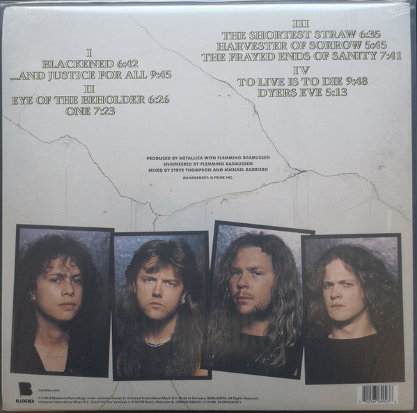 Image of Back Cover of 2xLP - NEW/NEW - METALLICA, ...And Justice For All (Blackened Recordings; BLCKND007R-1, Europe 2018, Insert, Download Code), , Fourth studio album by the American heavy metal band. Originally released in 1988, the album features aggressive complexity, fast tempos, and few verse-chorus structures, with an oft-criticised dry and bass-light mix. The lyrical themes of political and legal injustice project through the prisms of censorship, war, and nuclear brinkmanship. - 3636083E