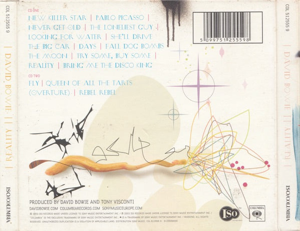 Image of Back Cover of 1134142E: 2xCD - DAVID BOWIE, Reality (ISO Records ; COL 512555 3, Europe 2003, Triple Digipak, CD & DVD) With Two Tickets TO 8/11/03 Show at Point Theatre - A Reality Tour  VG+/VG+