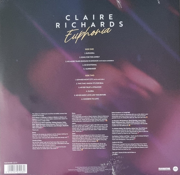 Image of Back Cover of 1144139S: LP - CLAIRE RICHARDS, Euphoria (Fascination; FASC014PD, UK 2023, Picture Disc)   VG+/VG+