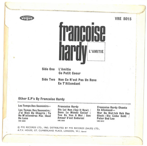 Image of Back Cover of 1124329E: 7" EP - FRANCOISE HARDY, L'Amiti  (Disques Vogue ; VRE 5015, UK 1965, Laminated Flipback Sleeve)   VG/VG