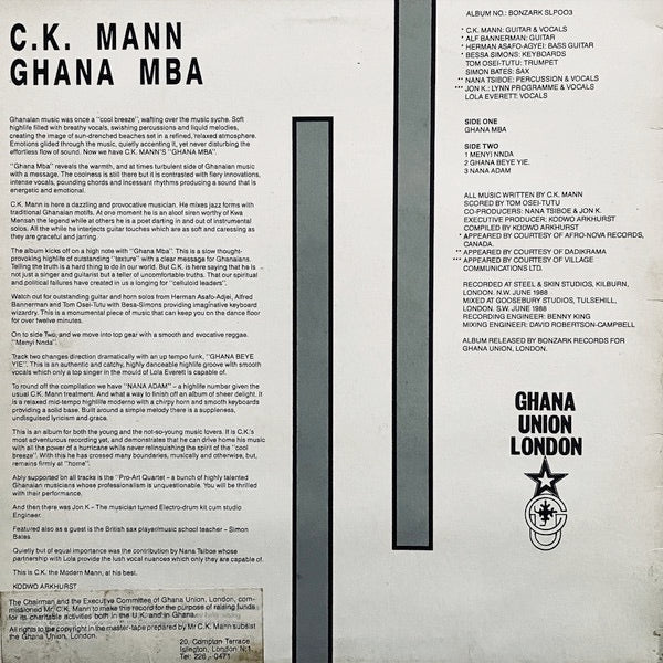 Image of Back Cover of 1114255C: LP - C.K. MANN, Ghana Mba (Ghana Union London; SLP 003, UK 1988) Sleeve slightly discoloured, scuffed, worn, with a few very small rips and creases at corner (hardly noticeable)  VG/G+