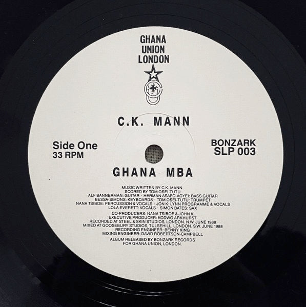 Image of Label Cover of 1114255C: LP - C.K. MANN, Ghana Mba (Ghana Union London; SLP 003, UK 1988) Sleeve slightly discoloured, scuffed, worn, with a few very small rips and creases at corner (hardly noticeable)  VG/G+